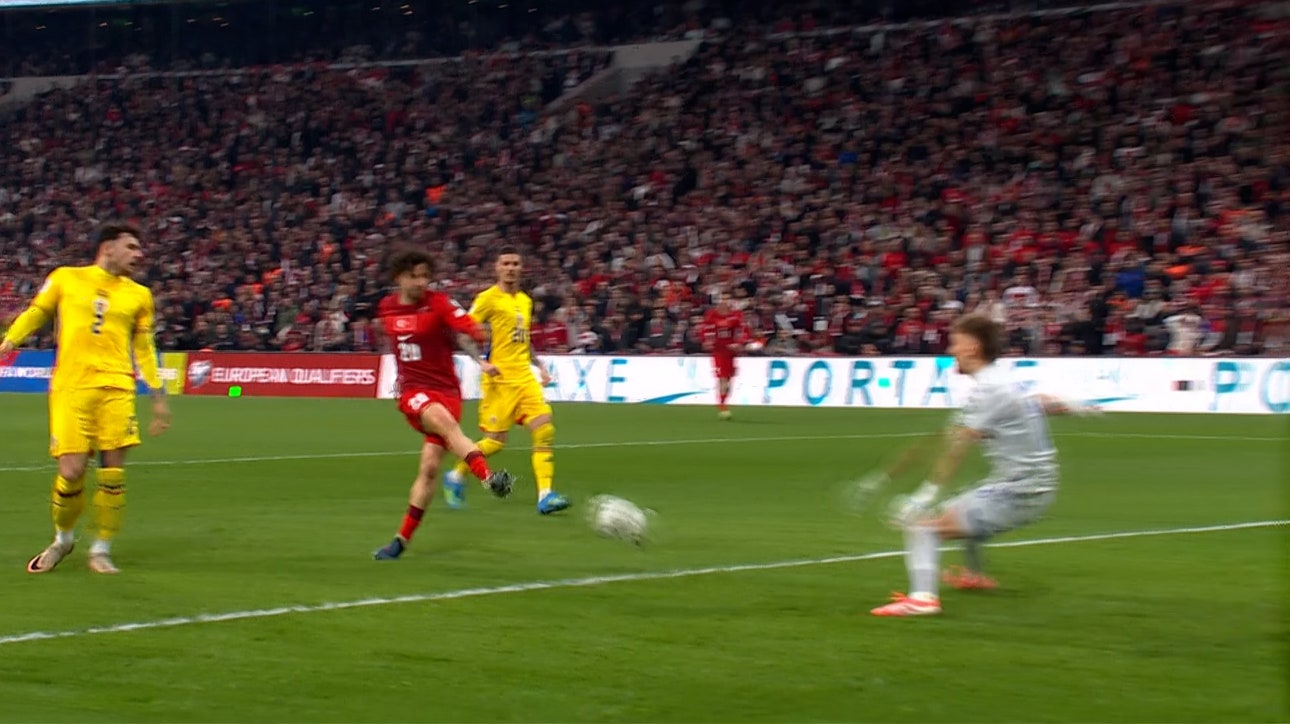 Arda Guler finds Ferdi Kadioglu and hits the ball into the bottom left corner to grab a lead over Romania