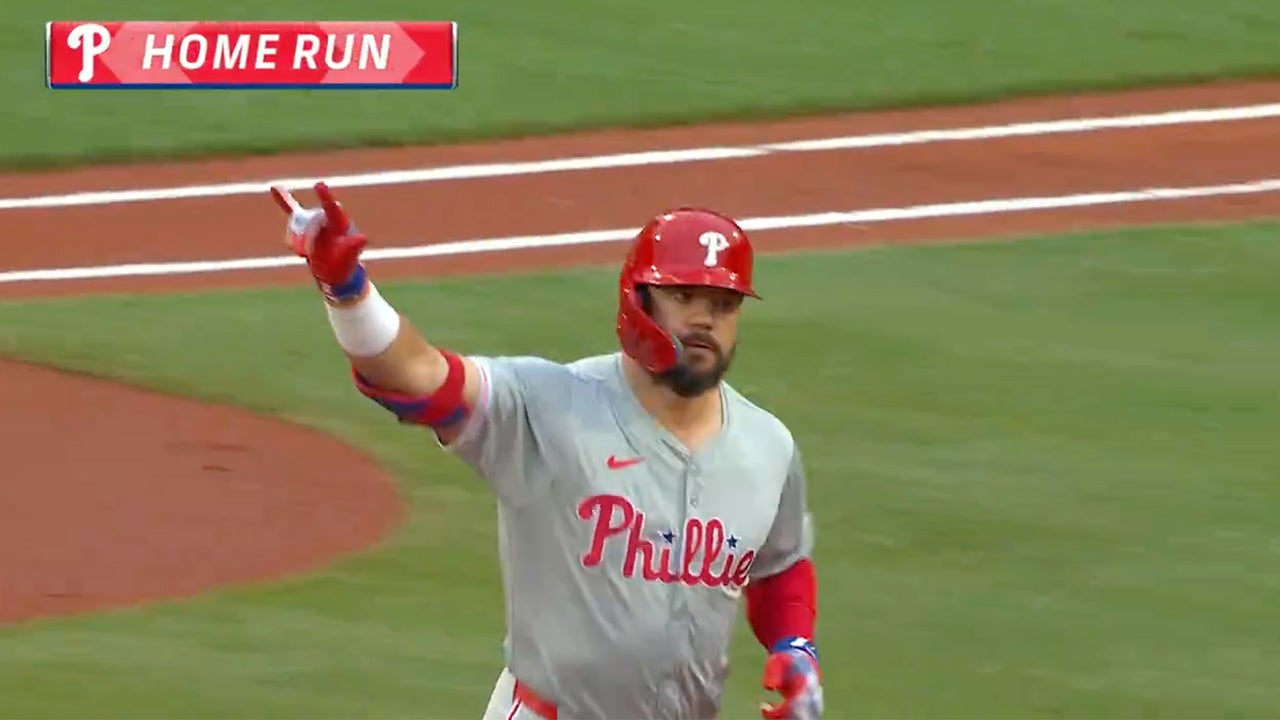 Phillies' Kyle Schwarber launches a home run on the first pitch of the game against the Red Sox