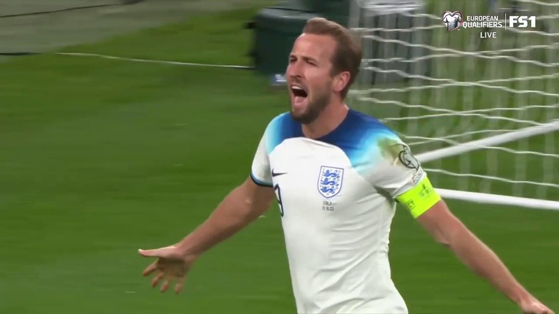 England's Harry Kane scores his second goal of the match against Italy