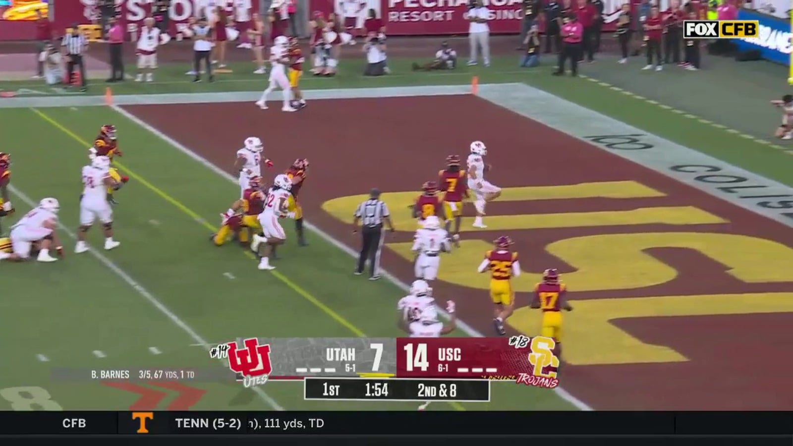 Bryson Barnes rushes in a 10-yard touchdown as Utah ties the game against USC