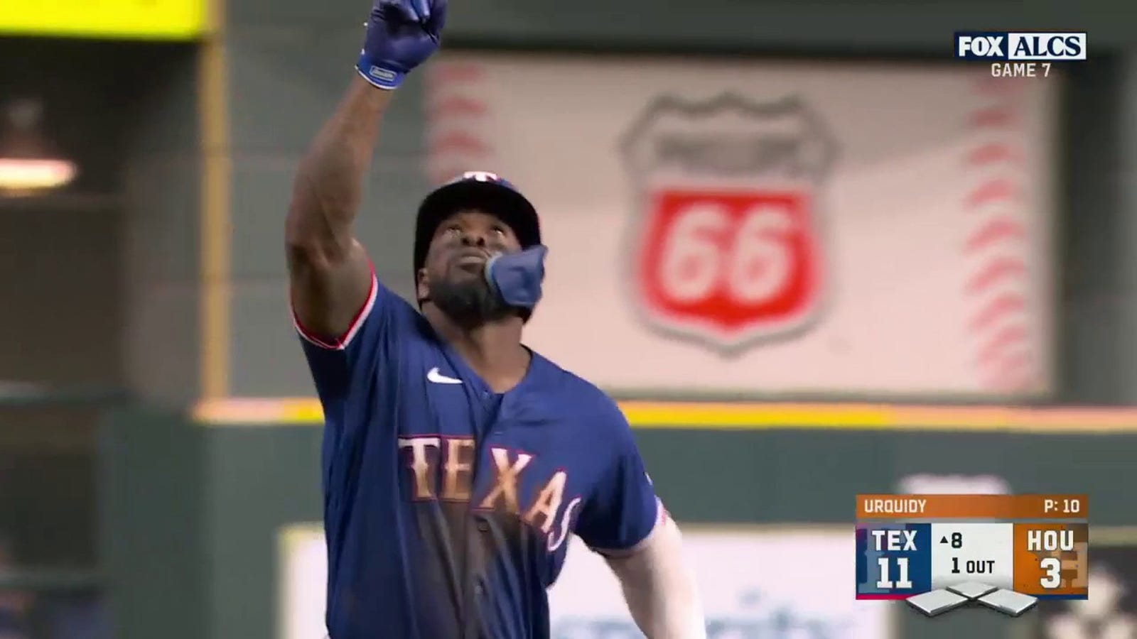 Adolis Garcia hit his second home run of the game to extend the Rangers' lead over the Astros
