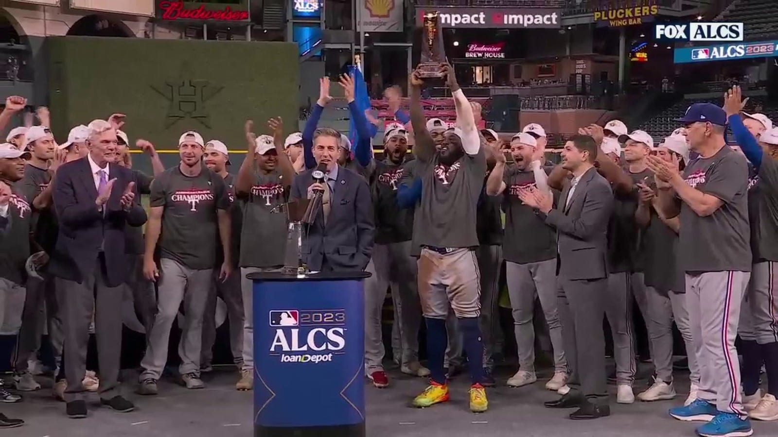 Texas Rangers hoist the trophy after winning the ALCS, Adolis Garcia wins MVP