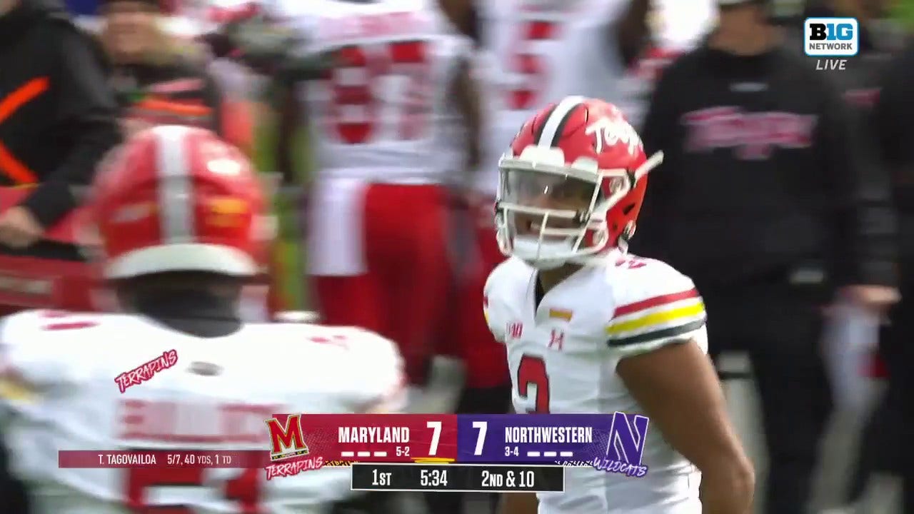 Taulia Tagovailoa hits Roman Hemby on a 24-yard TD pass to give Maryland a lead vs. Northwestern