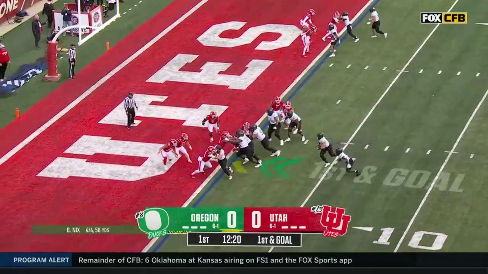 Bo Nix bulldozes past Utah's defense on a one-yard rushing TD as Oregon grabs a 7-0 lead
