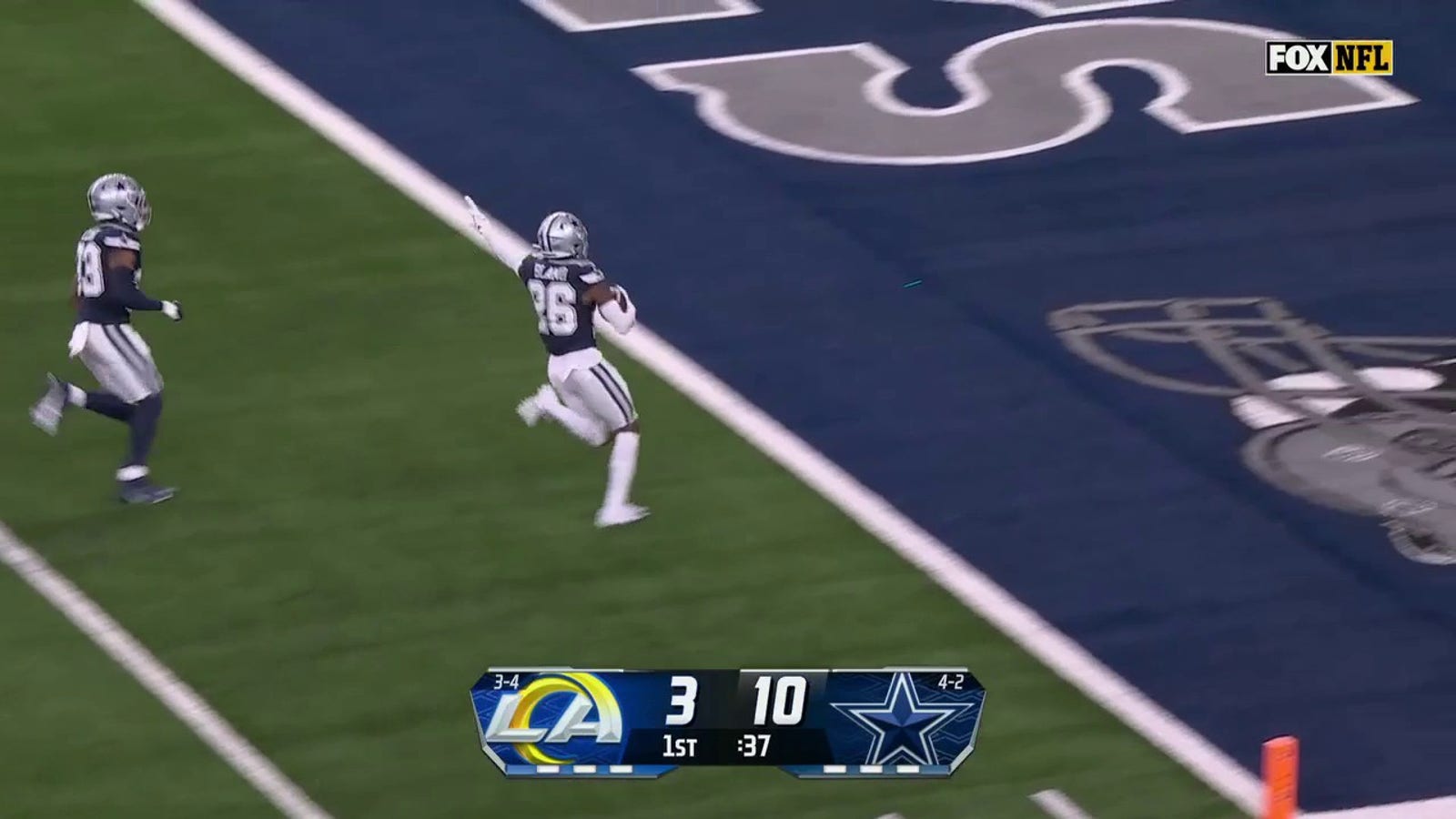 Daron Bland returns an interception 30 yards for a TD to extend Cowboys' lead against Rams