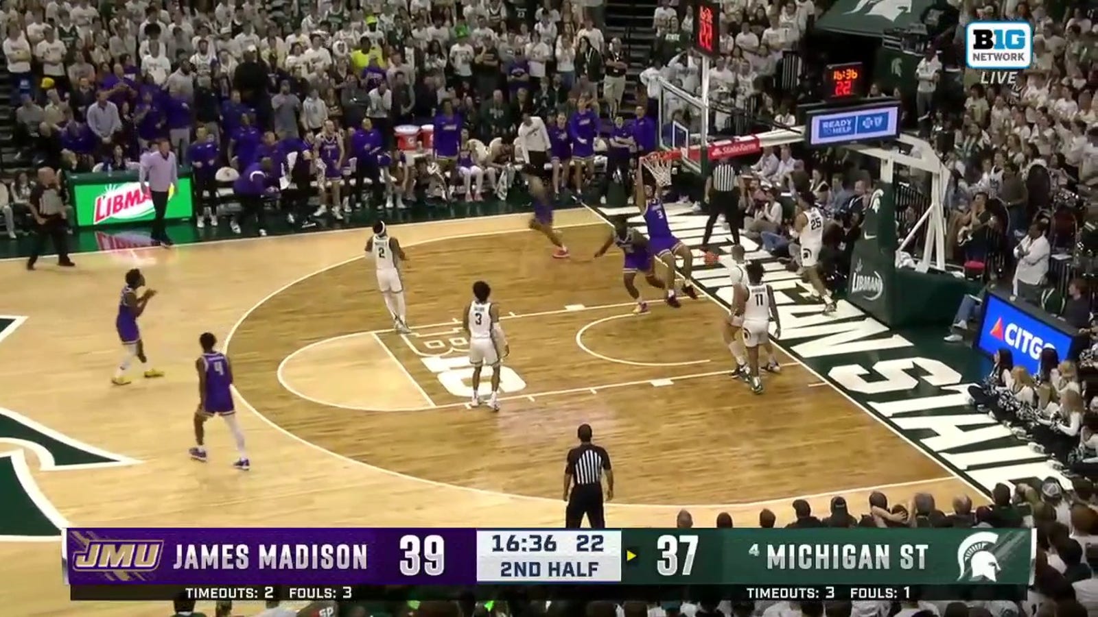 T.J. Bickerstaff throws down a dunk after Terrence Edwards Jr.'s beautiful pass to extend JMU's lead vs. Michigan State