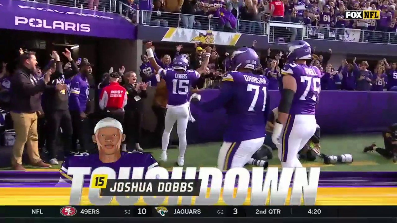 Minnesota's Joshua Dobbs scrambles for a seven-yard touchdown to give Vikings a 17-3 lead over Saints