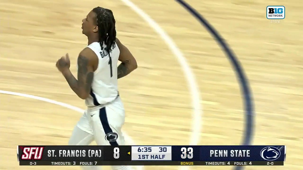 Ace Baldwin Jr. sinks a three as Penn State leads St. Francis PA 46-18