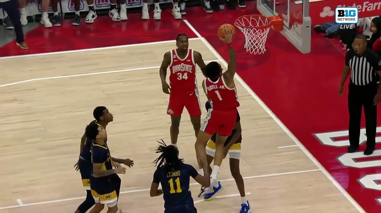 Ohio State's Roddy Gayle Jr. delivers a powerful one-handed jam against Merrimack