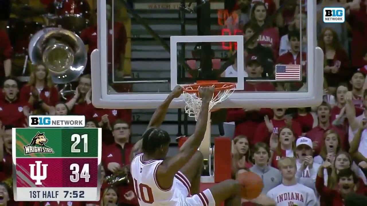 Kaleb Banks delivers a ferocious two-handed jam, extending Indiana's lead over Wright State