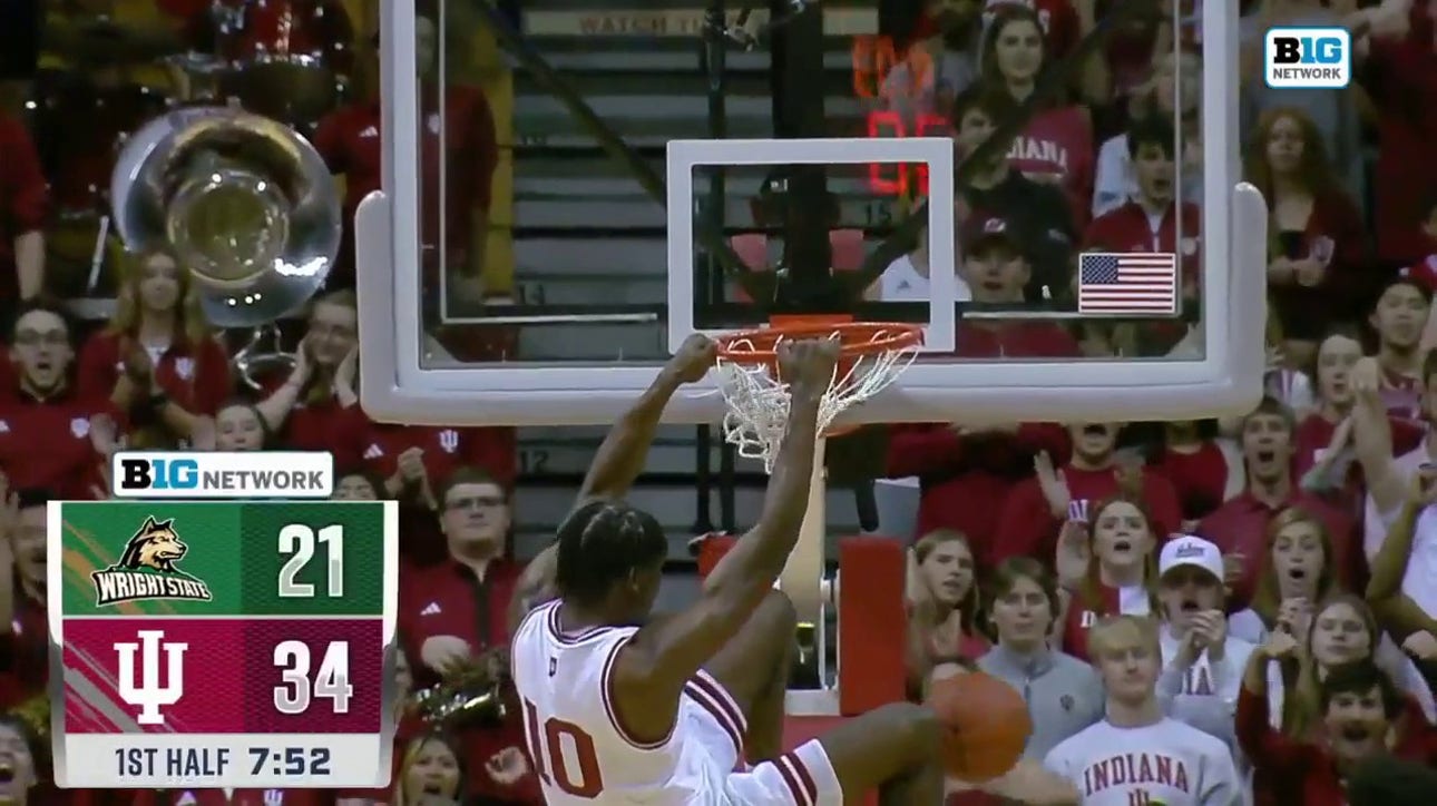 Kaleb Banks delivers a ferocious two-handed jam, extending Indiana's lead over Wright State