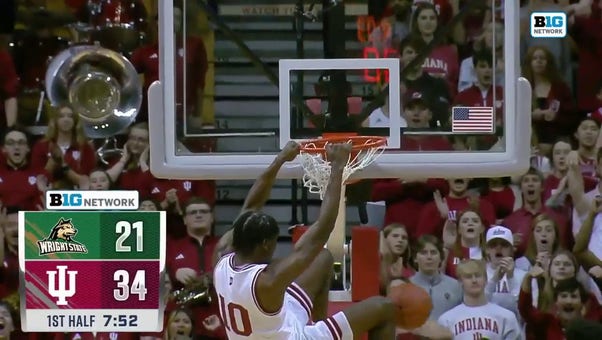 Kaleb Banks delivers a ferocious two-handed jam, extending Indiana's lead over Wright State