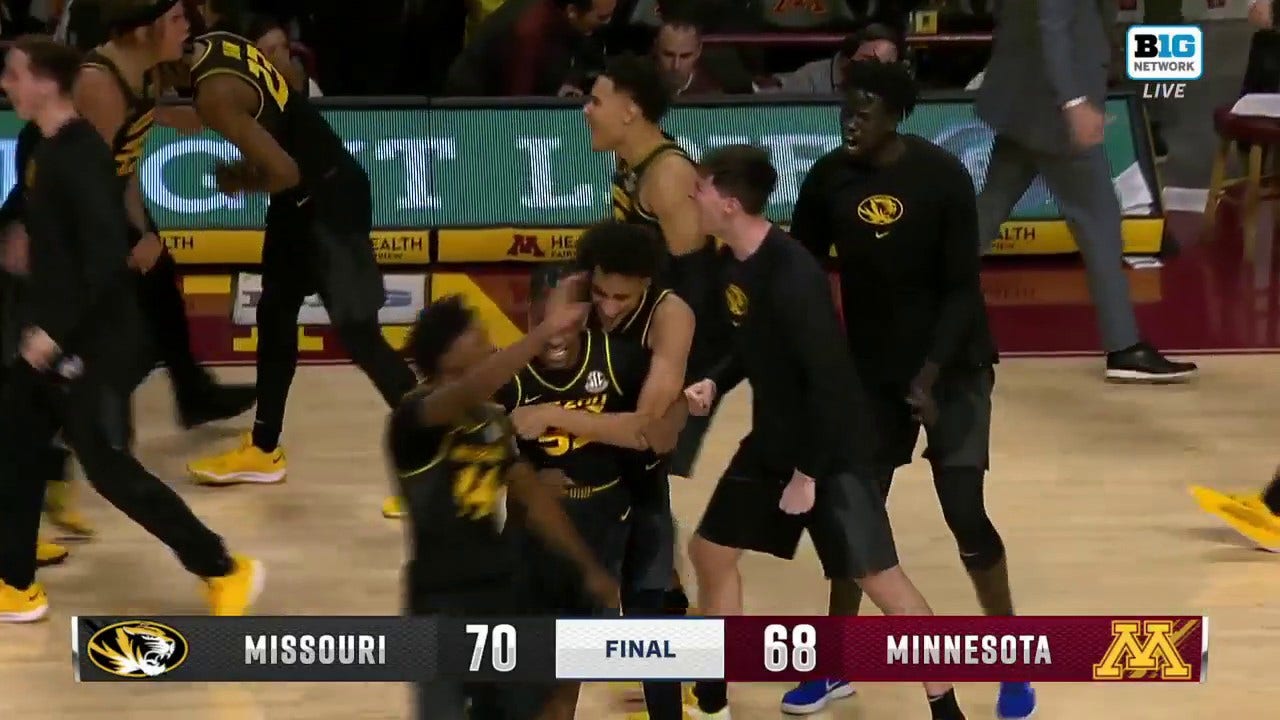 Sean East II drives inside for the go-ahead bucket plus a foul to give Missouri a 70-68 win over Minnesota