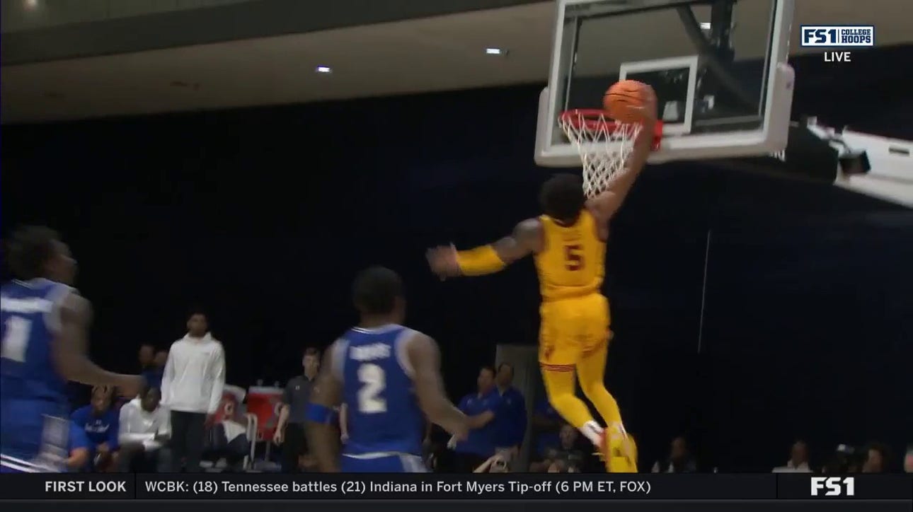 Boogie Ellis gets out on the fast break for a one-handed slam to extend USC's lead over Seton Hall