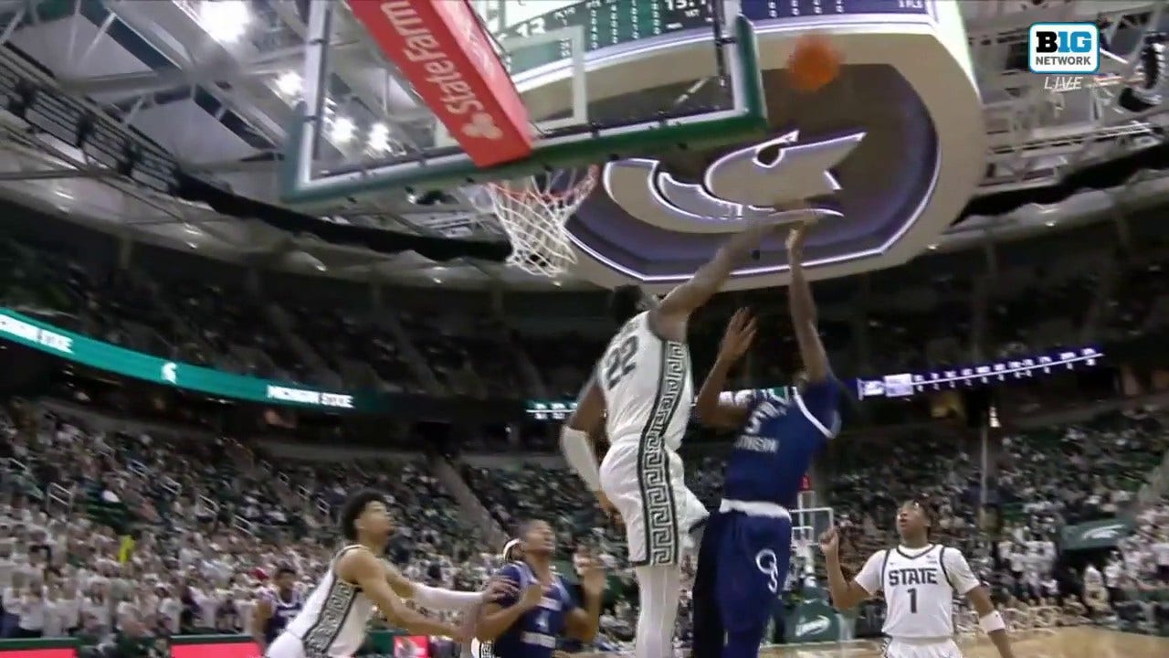 Michigan State's Mady Sissoko records a monster block against Georgia Southern 