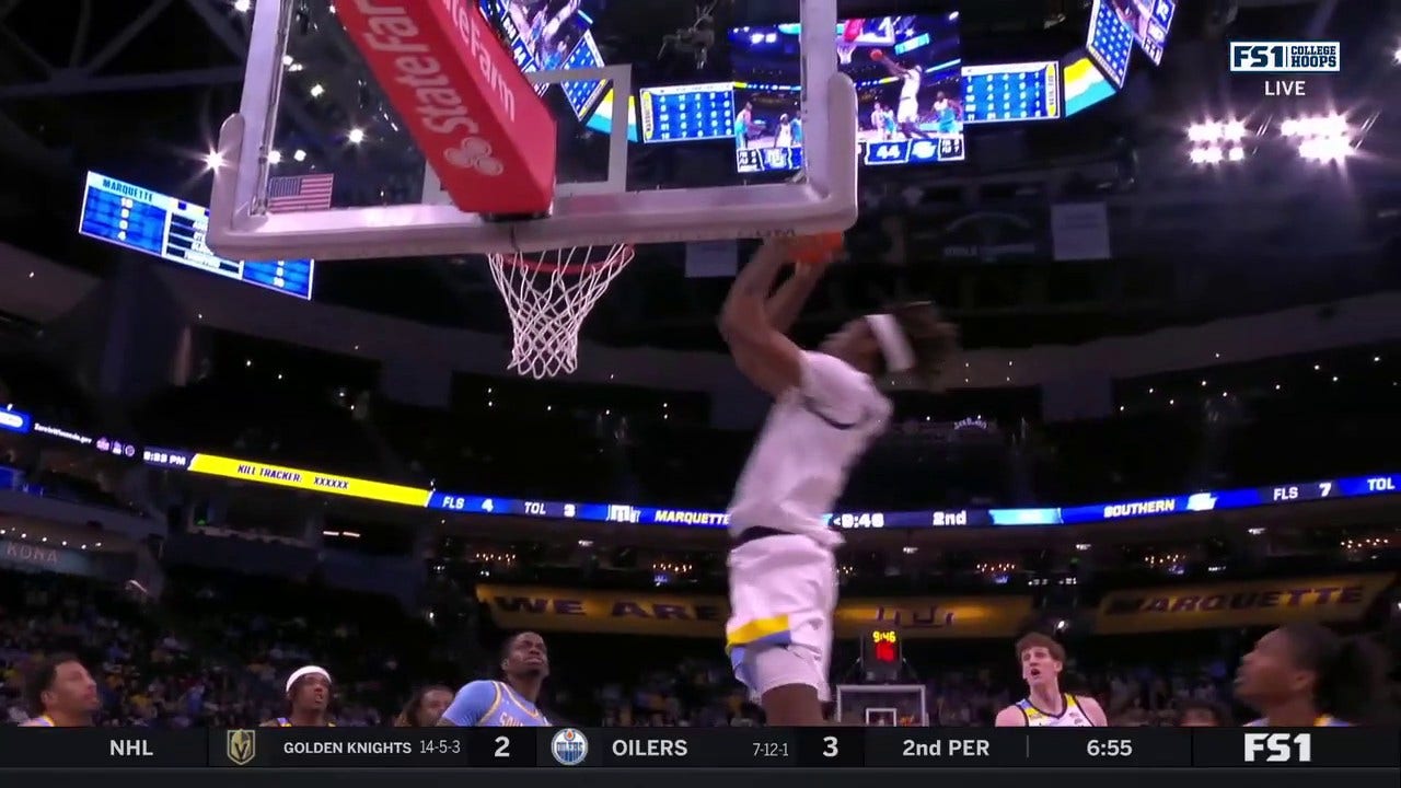 Ben Gold finds Tre Norman for a NARLY Alley-Oop dunk, to extend Marquette's dominant lead over Southern U
