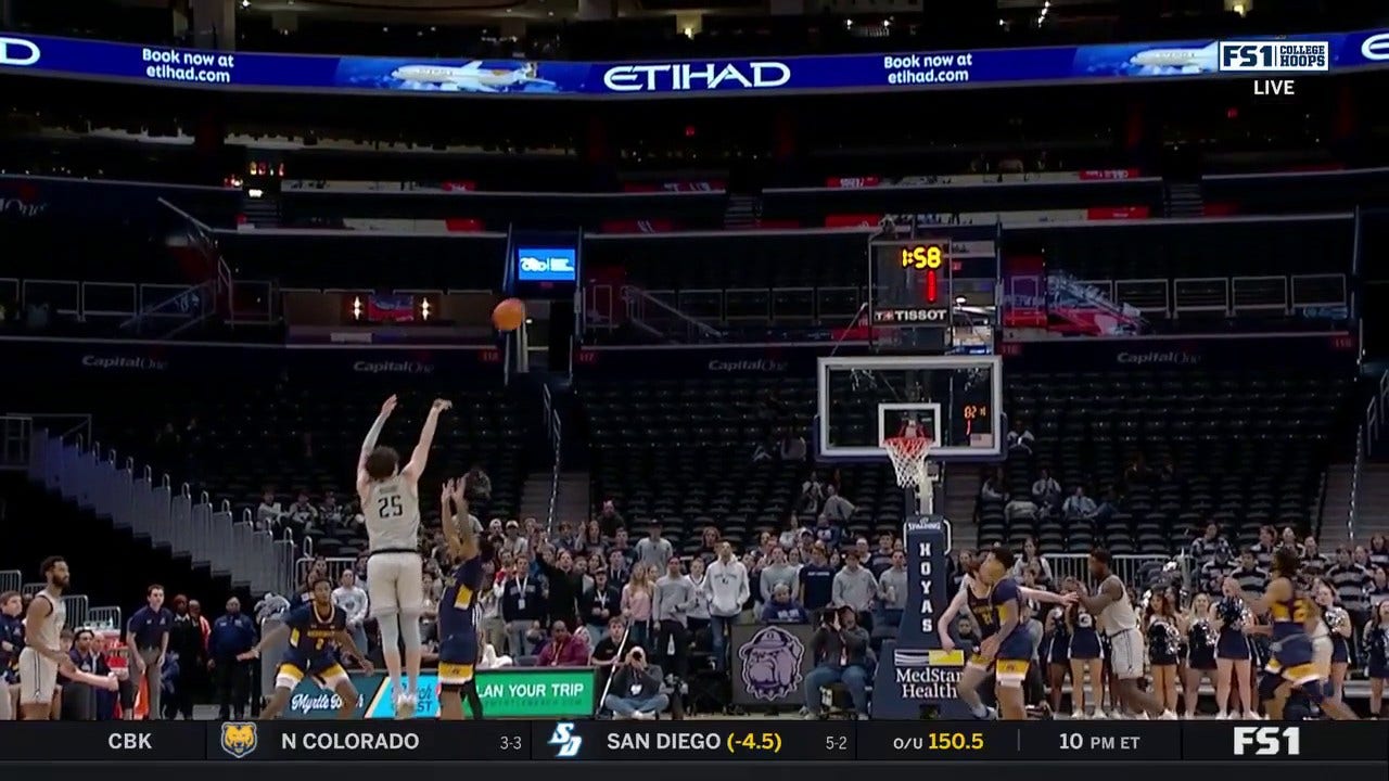 Ismael Massoudl drills a deep 3-pointer to extend Georgetown's lead over Merrimack