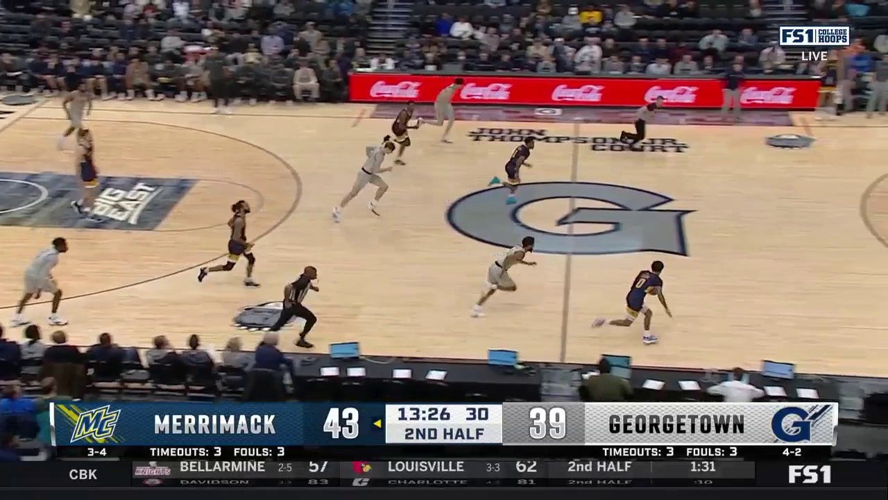 Adam Clark gets the steal and finishes in transition to extend Merrimack's lead over Georgetown