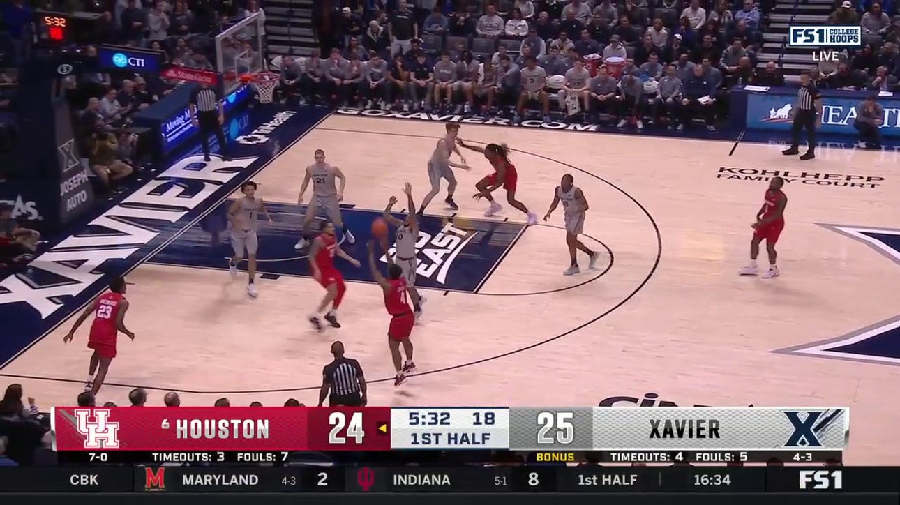 LJ Cryer knocks down his fourth triple of the first half to maintain Houston's lead over Xavier 