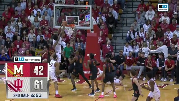 Indiana's Kel'el Ware rises for the two-handed putback slam against Maryland