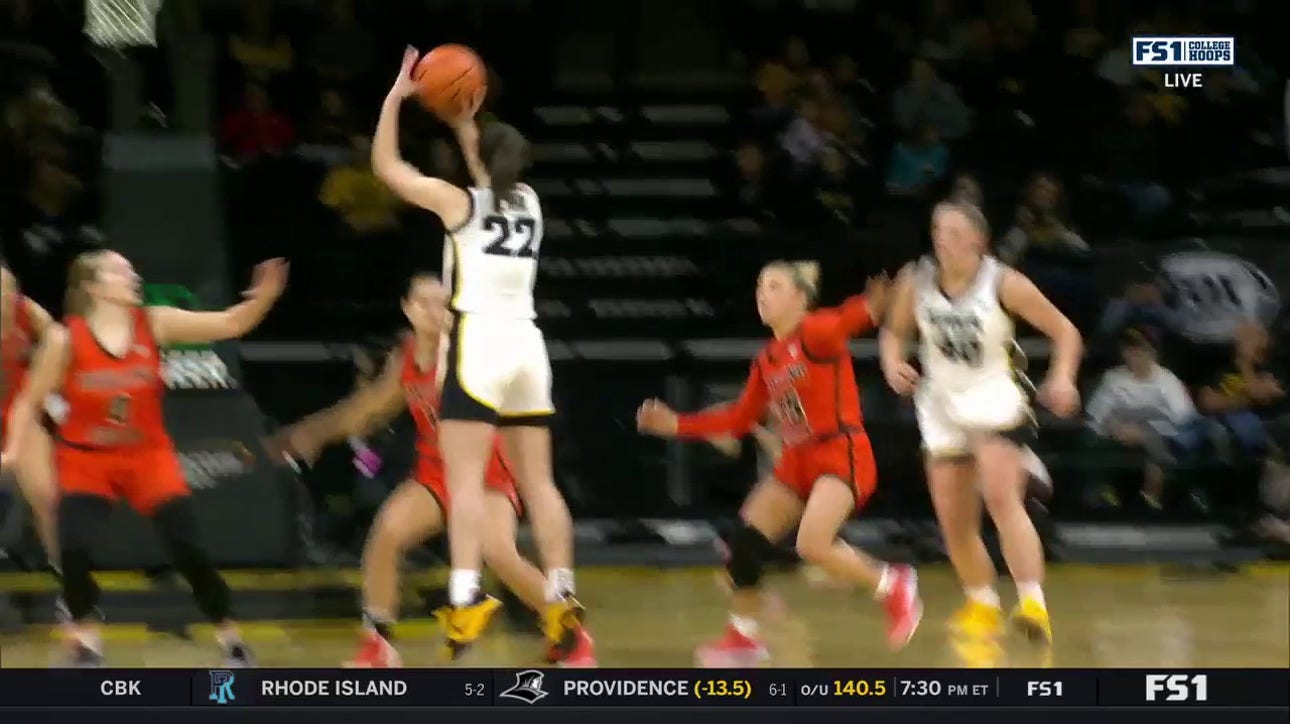 Caitlin Clark drills a deep three-pointer over three defenders to extend Iowa's lead over Bowling Green