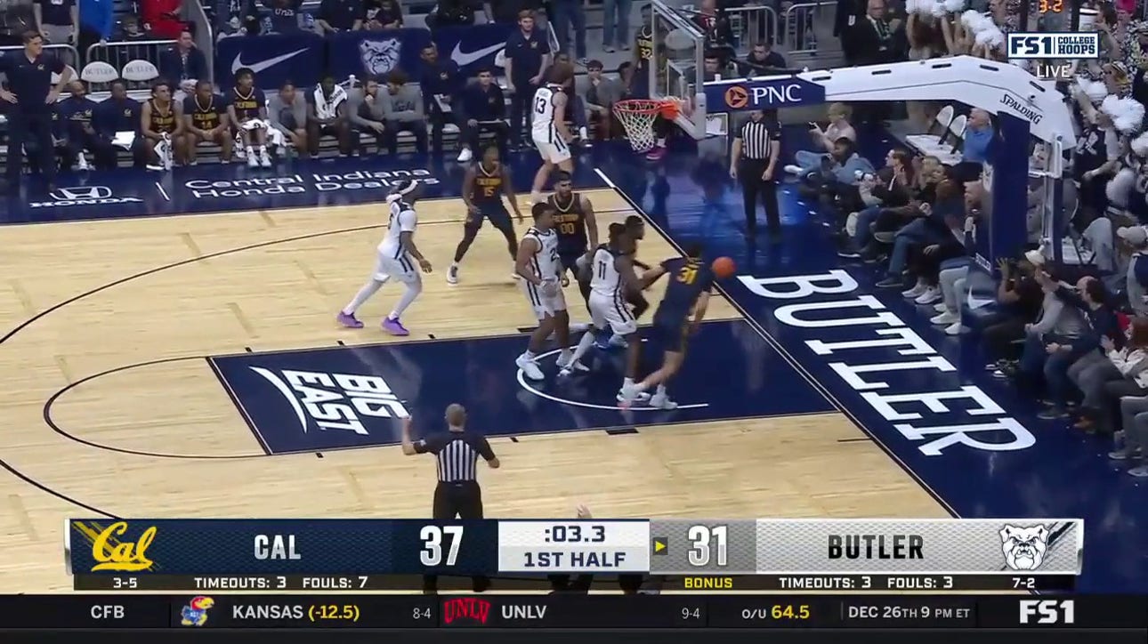 Butler's Finley Bizjack drains a 3-pointer at the buzzer to cut Cal's lead going into the half