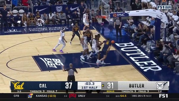 Butler's Finley Bizjack drains a 3-pointer at the buzzer to cut Cal's lead going into the half