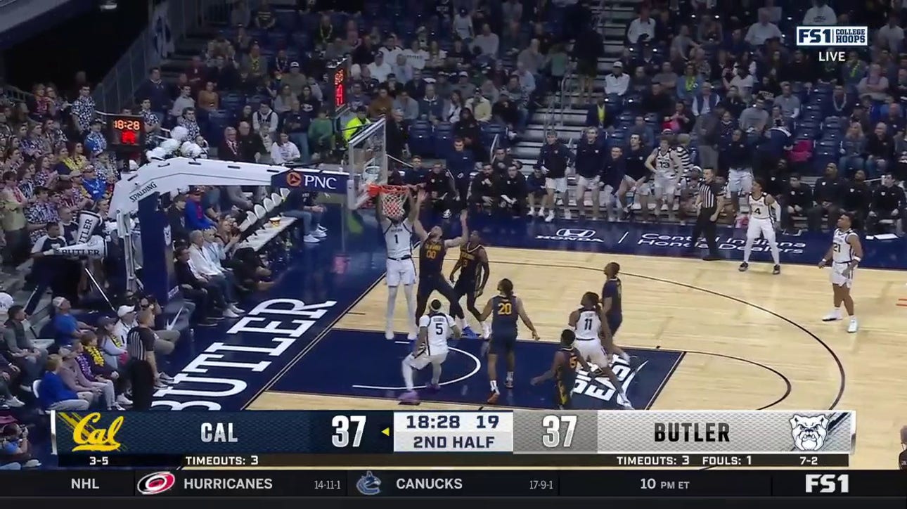 Jalen Thomas throws down an alley-oop from Jahmyl Telfort to give Butler the lead vs. Cal