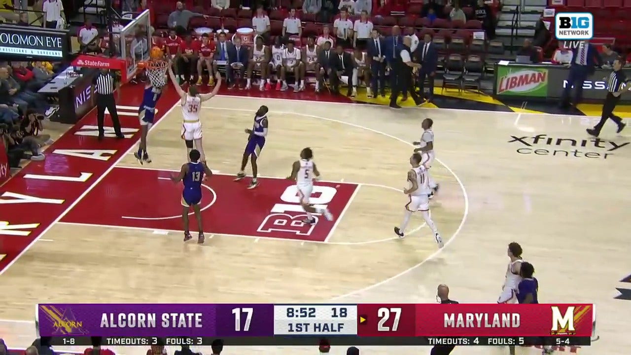 Alcorn State's Stephen Byard throws down a two-handed alley-oop off the lob from Jeremiah Kendall