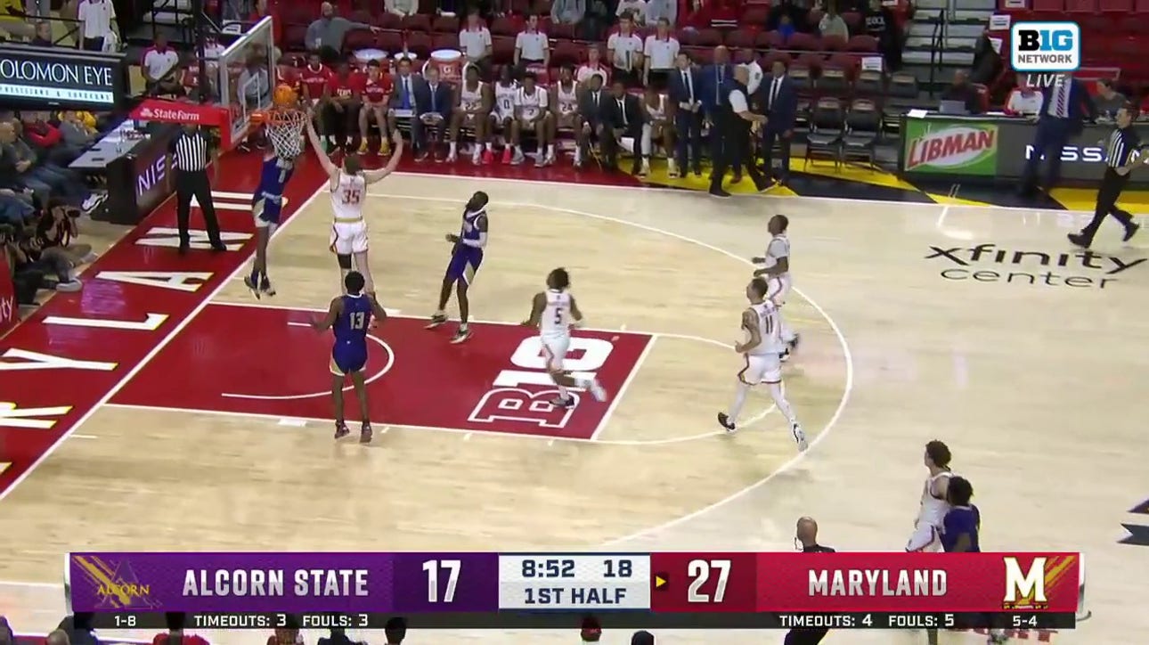 Alcorn State's Stephen Byard throws down a two-handed alley-oop off the lob from Jeremiah Kendall