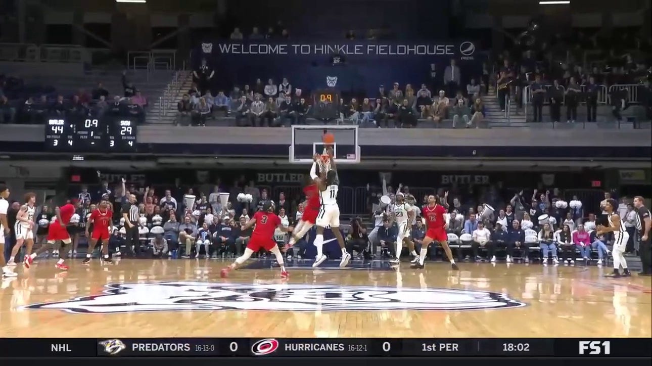 Butler's Jahmyl Telfort drills a 3-pointer to beat the halftime buzzer vs. Saginaw Valley State