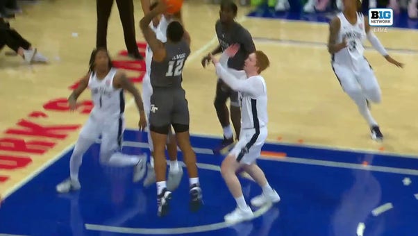 Penn State's Leo O'Boyle makes a quick recovery and records a block against Georgia Tech