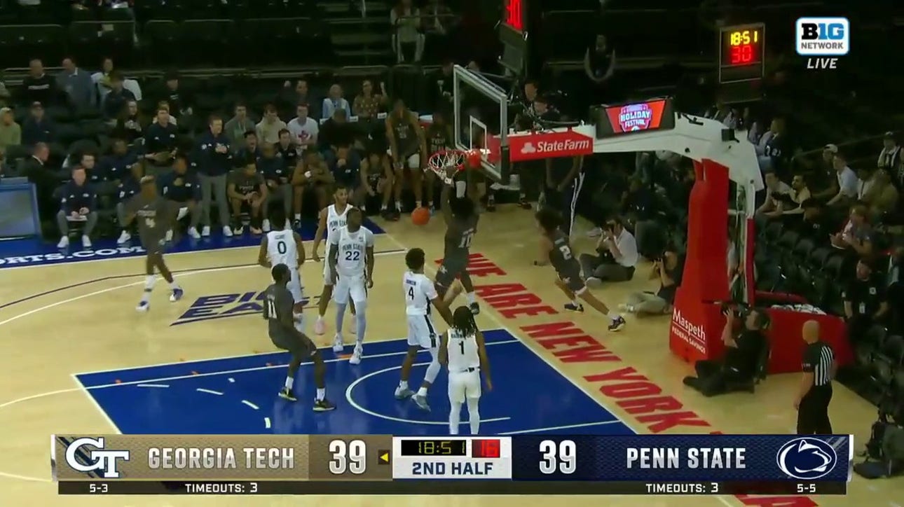 Georgia Tech's Ebenezer Dowuona goes sky-high for a two-handed alley-oop against Penn State