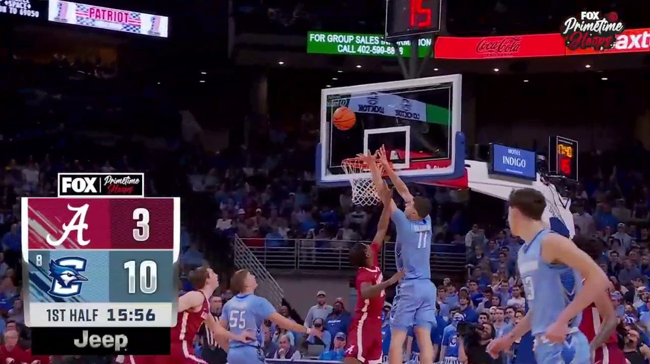 Baylor Scheierman connects with Ryan Kalkbrenner on an alley-oop jam as Creighton starts strong vs. Alabama 