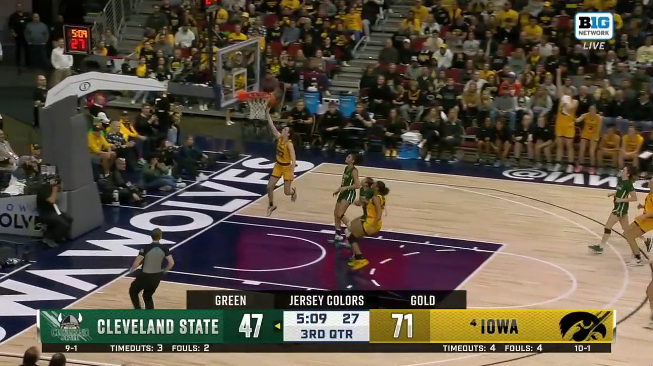 Caitlin Clark steals the ball from Sara Guerreiro and finishes the layup to add two points to Iowa''s lead over Cleveland 