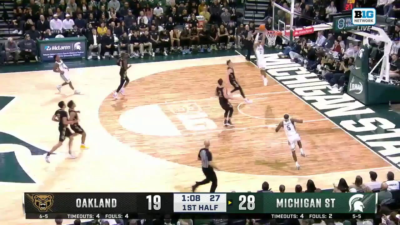 Jaden Akins throws down a dunk in transition, extending Michigan State's lead vs. Oakland