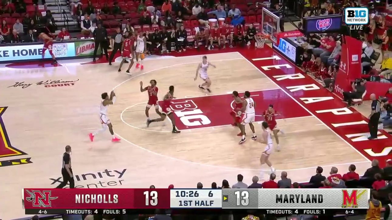 Maryland's Deshawn Harris-Smith finds Caelum Swanton-Rodger for a tough alley-oop vs. Nicholls State
