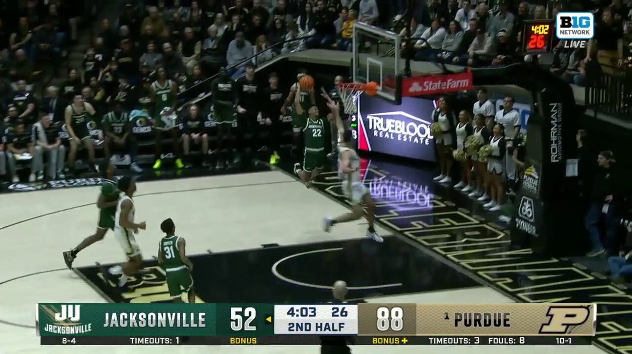 Jacksonville's Zach Bell gets UP and delivers the slam dunk against Purdue