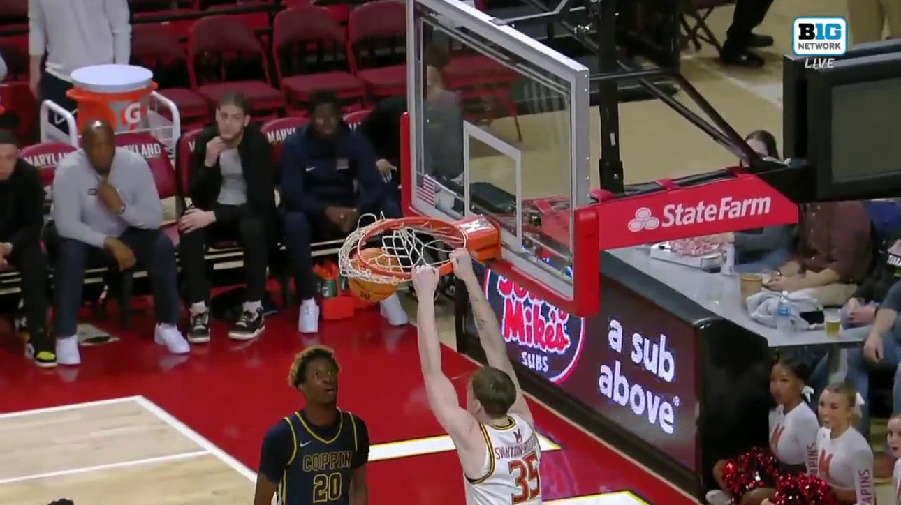 Caelum Swanton-Rodger throws down a dunk plus a foul to extend Maryland's lead vs. Coppin St.