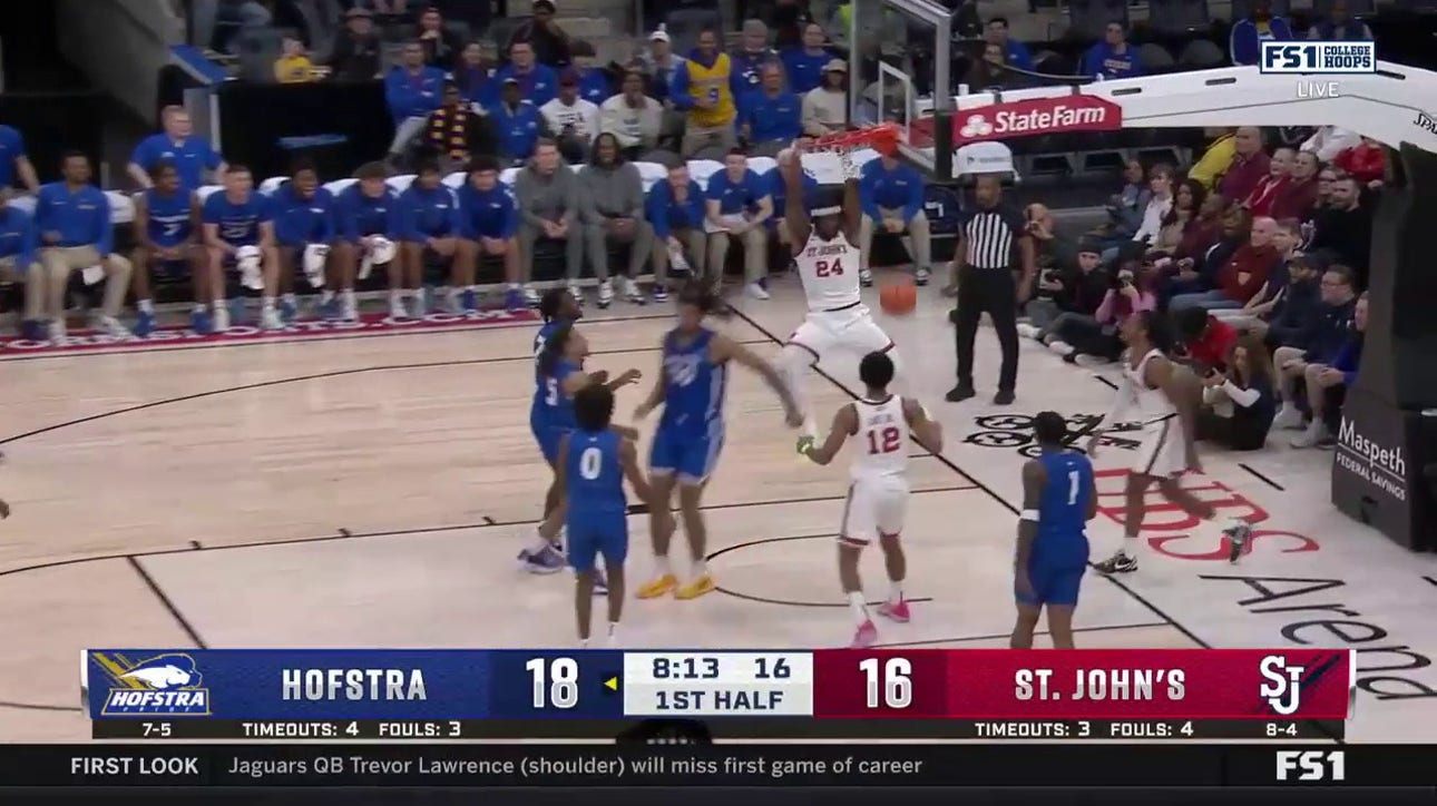 St. John's Zuby Ejiofor throws down a thunderous dunk to even the score against Hofstra