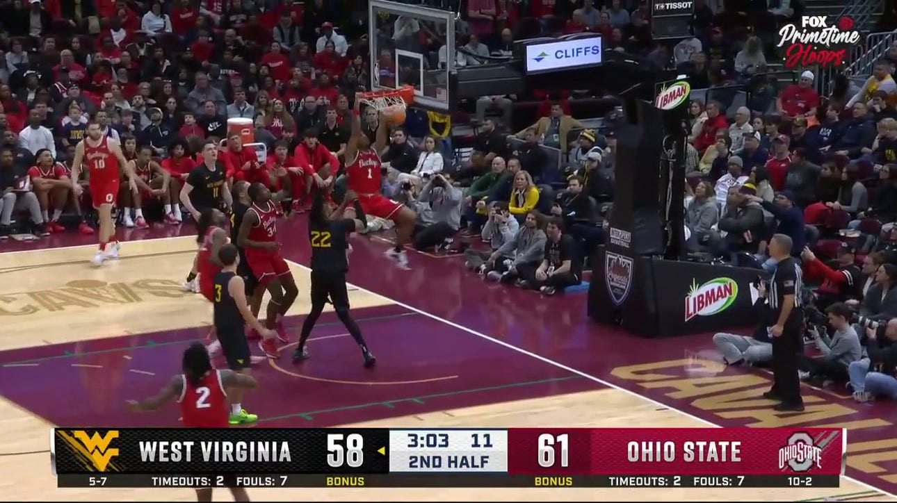 Ohio State's Roddy Gayle Jr. converts on a slam dunk vs. West Virginia to extend the lead