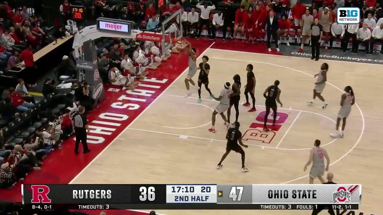 Roddy Gayle Jr. cuts baseline for a two-handed slam to extend Ohio State's lead over Rutgers
