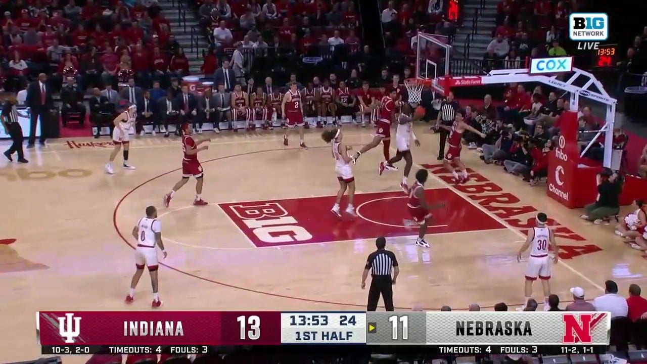 Nebraska's Juwan Gary finishes a reverse layup vs. Indiana