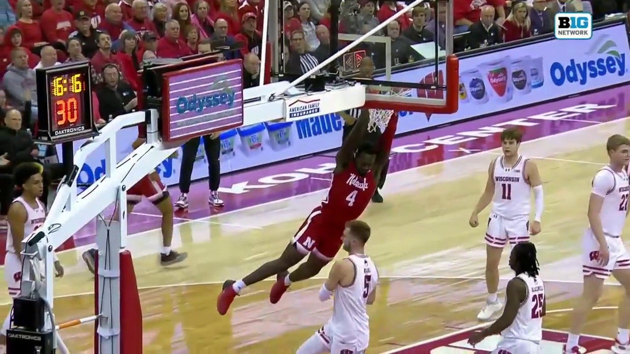 Nebraska's Juwan Gary throws down a two-handed dunk to close the gap against Wisconsin