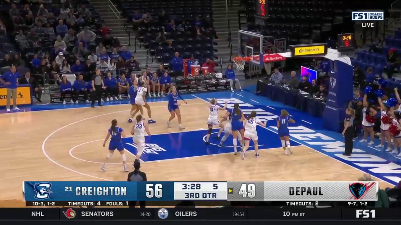 Creighton's Lauren Jensen gets crafty before sinking a jump shot to extend the lead over DePaul