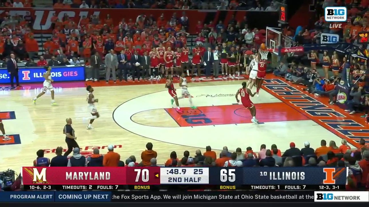 Jordan Geronimo gets a clutch block then slams it with two hands to seal Maryland's 76-67 upset of Illinois