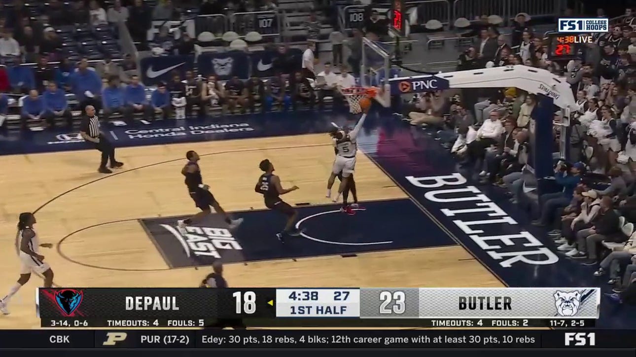 Butler's Posh Alexander takes advantage of a transition turnover to increase the lead vs. DePaul