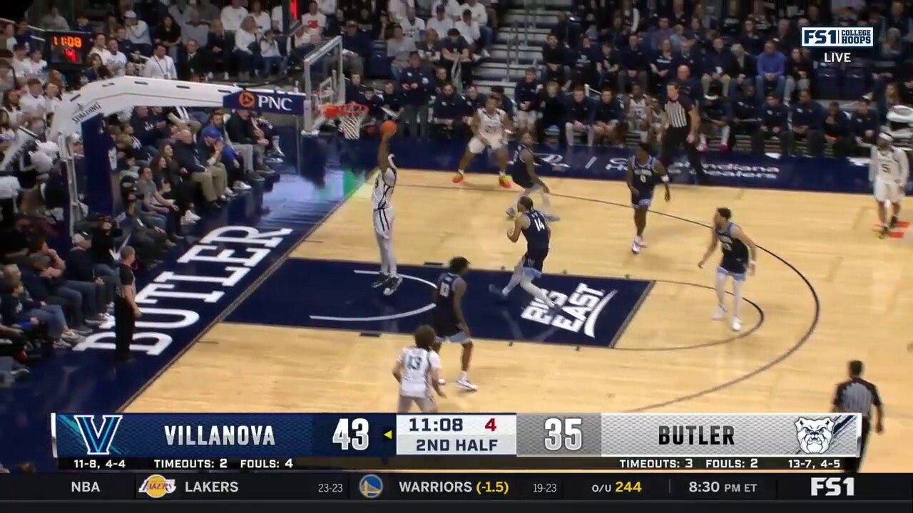 Butler's Andre Screen throws down a dunk as they trail Villanova in the second half