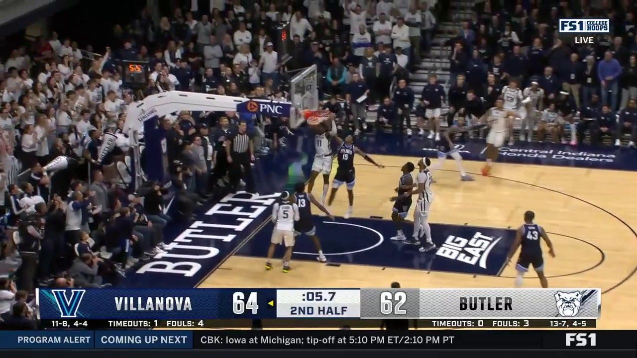Butler's Jahmyl Telfort makes a clutch slam dunk to tie the game vs. Villanova and bring the game to OT