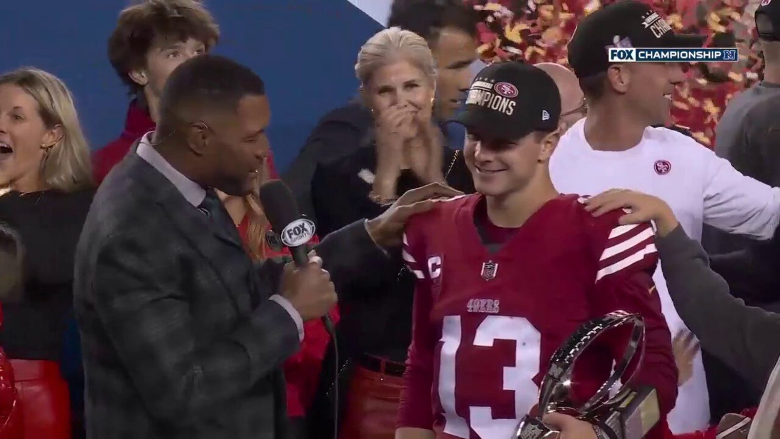 49ers postgame trophy ceremony after defeating Lions in NFC Championship Game
